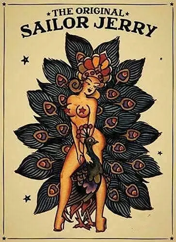 Vintage Sailor Jerry Tattoo Girl And A Peacock Aluminium Metal Tin Sign 8x12 Inch Home Poster Bar Pub Decor