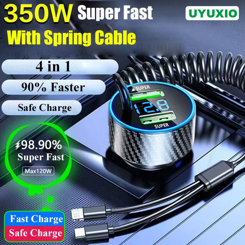 

4 in 1 Dual Port USB Car Phone Charger Type C with Retractable Cable Super Fast Charging Adapter for iPhone Samsung OPPO Huawei