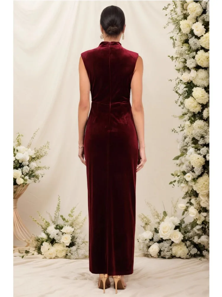 Robe de soirée Maxi en velours pour femmes, élégante, sans manches, col montant, fente latérale, coupe cintrée, longue, Sexy, automne hiver 2025