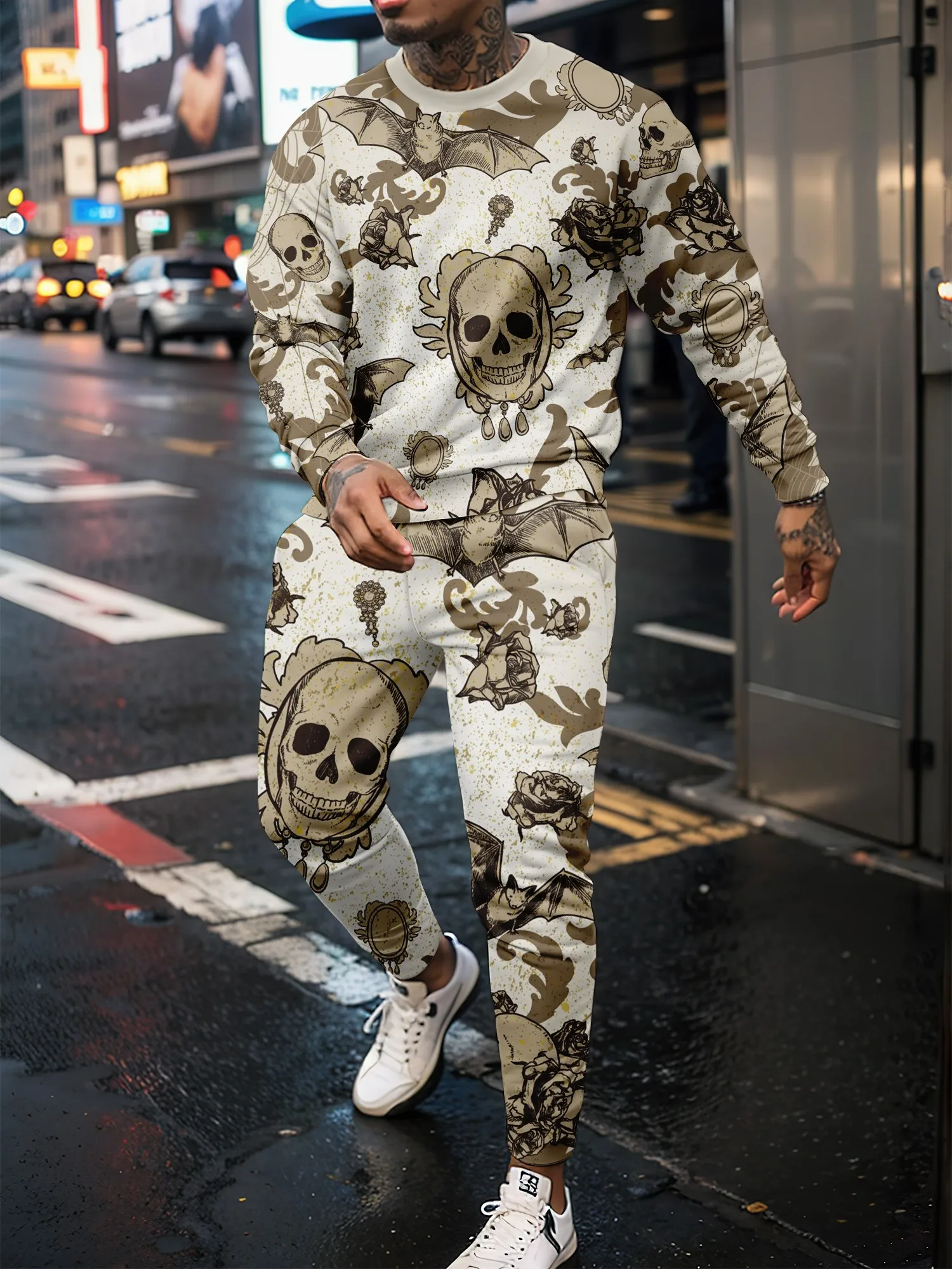 Latest  Retro Men\'s Sports Set 3D Skull Print Personalized Pullover Long Pants Street Youth Fashion Loose High Quality Set