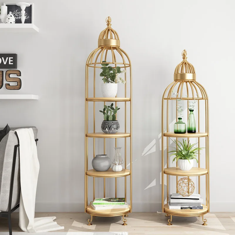 

Gold multi-layer living room decoration Nordic creative iron bird cage flower stand, floor-to-ceiling solid wood baffle rack