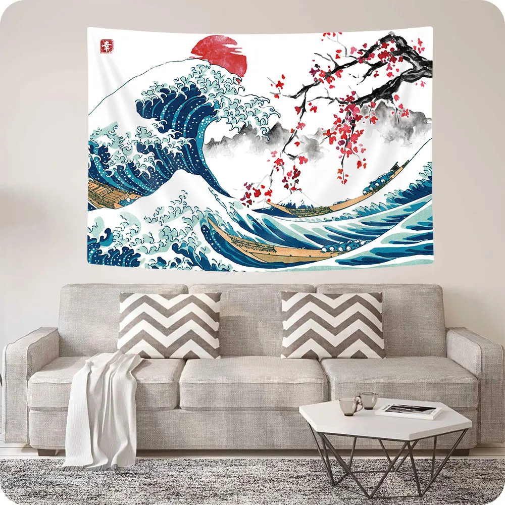 

Гобелен японской волны | Плоский принт, крутой стиль аниме, красная гора, солнце и сакура, океан, настенный подвес для декора комнаты
