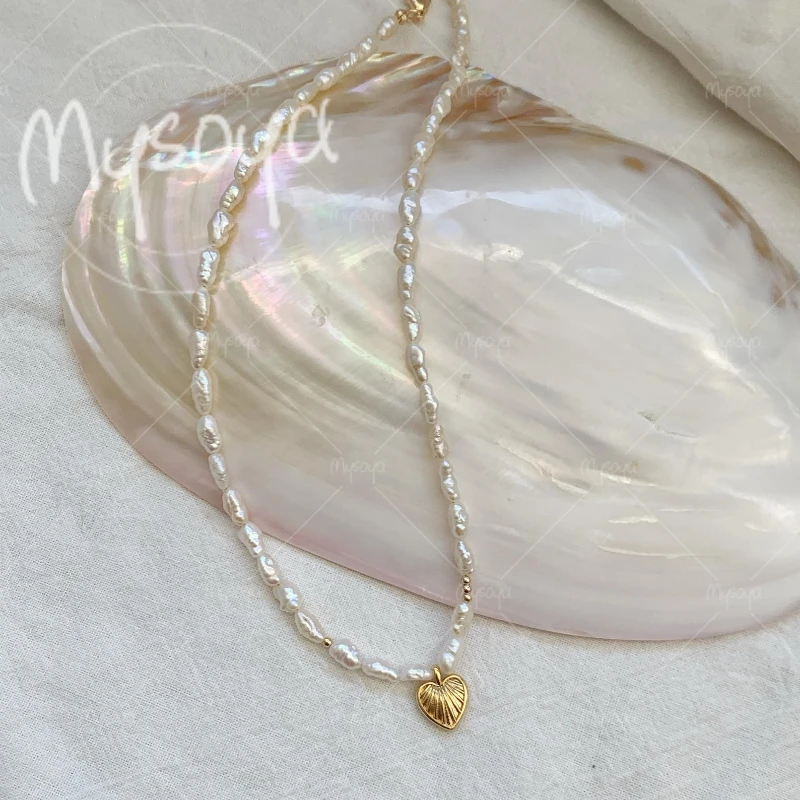 

MYSOYA 3-4mm White Baroque Freshwater Pearl Necklace, Love Pendant, for Birthday/Wedding/Mother's Day/Father's Day Gift A0855