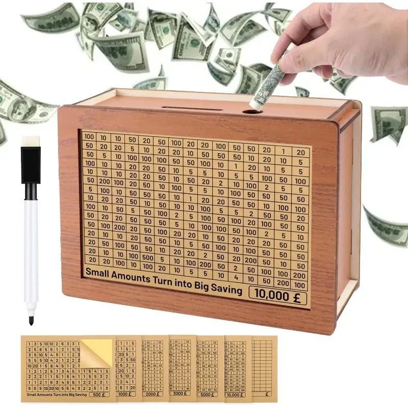 بنك نقود جديد مع صندوق نقود خشبي، صندوق توفير نقدي للبالغين، صندوق توفير أموال خشبي لتوفير الهدف بنفسك
