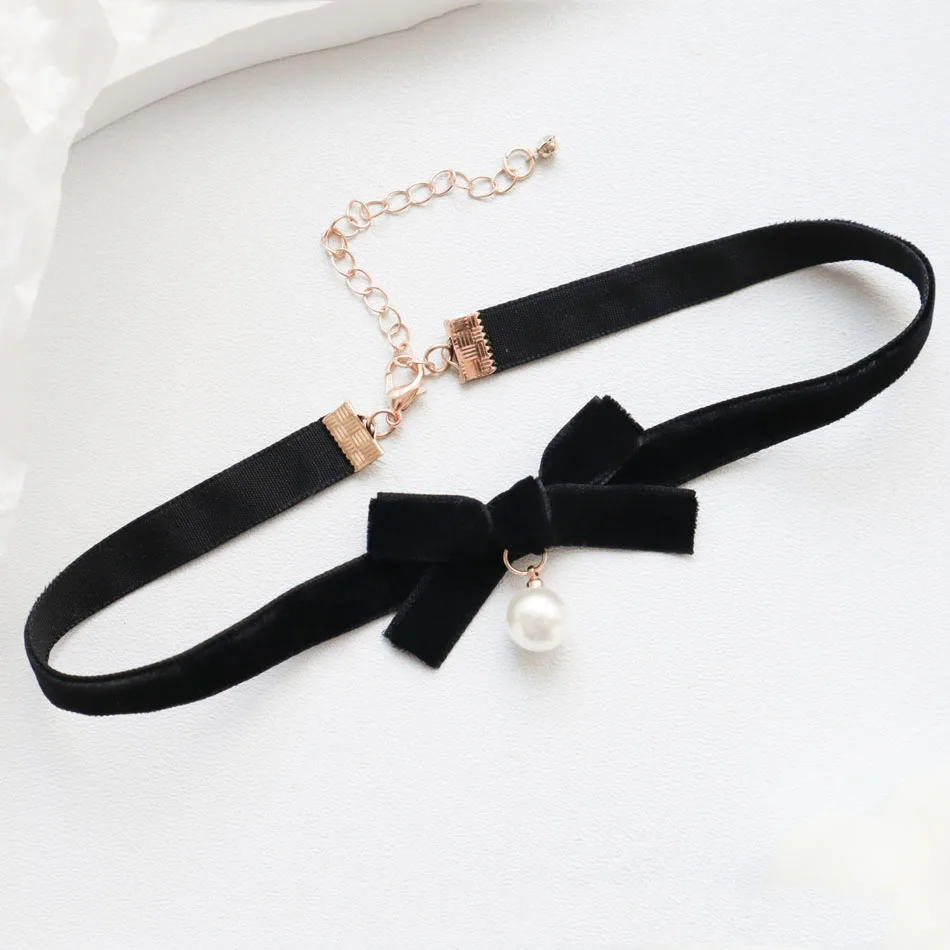 Red & Black Sexy Velvet Pearl Pendant Choker for Women Bow Neck Clavicle Necklace Lady Jewelry Accessories Girl Gift Lace Gothic