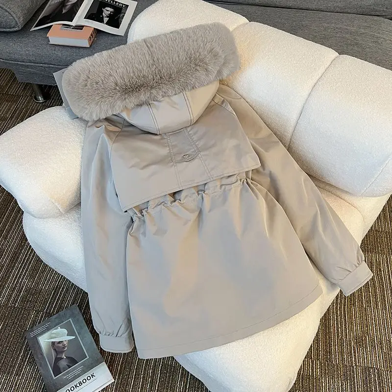 2025 Winter New Big fur collar Wool Lining Coat Women's Korean Loose Thick Hooded Coat Female Plush Cotton Warm Parker Overcoat