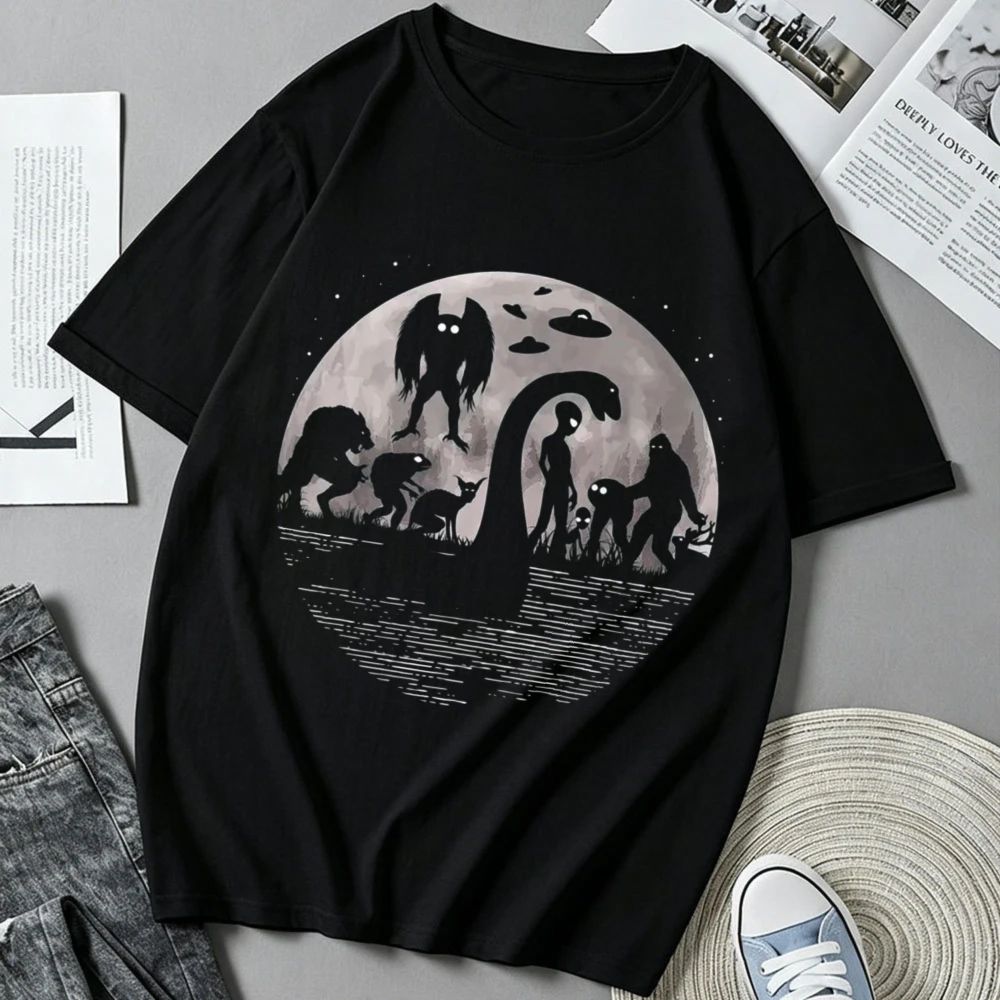 Cryptid Monsters Moon Graphic Tshirt Unisex Bigfoot Mothman Nessie Alien UFO Print Short Sleeve Crew Neck Cotton Tees Men Women