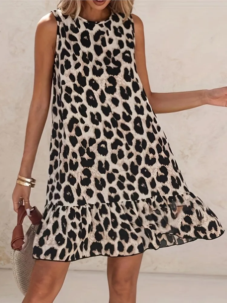

2025 Summer Leopard Print Dress Women's Sleeveless O-Neck High Waist Slim Fashion Vintage Sexy Streetwear Female Mini Dresses