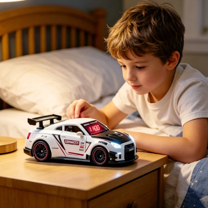 1SET  Car Alarm Clock, Diecast Toy with LED Headlights,Engine Sound Effects and Digital Clock,Best Bedroom Decor and Wake-Up