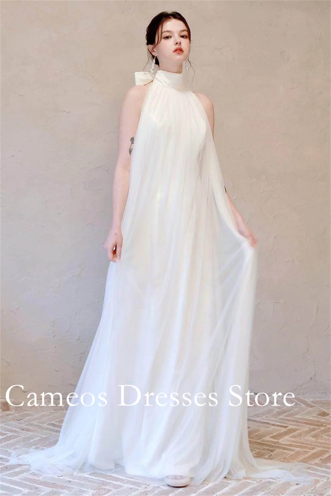 SONDR Customized Halter Neck Backless Wedding Dresses Simple A-Line Tulle Sleeveless Ruched Brides Gowns Women Bridal Dresses