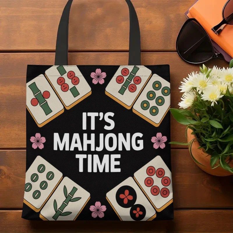 1pc [Tote Bag] 2D Flat Effect, Fun Mahjong Style Black Background Mahjong Tiles Cherry Blossom 