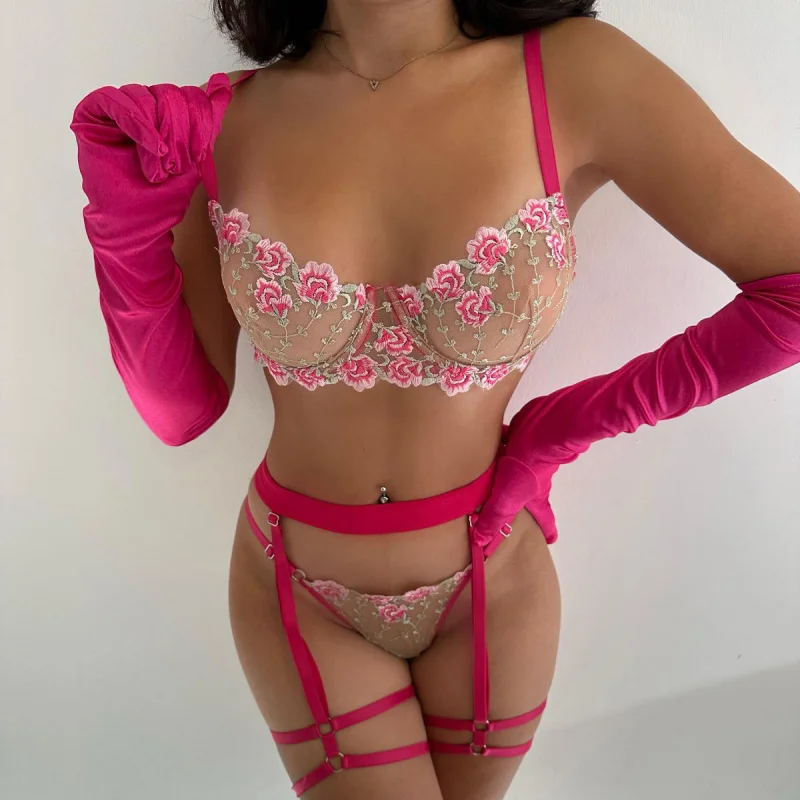 

2025New Sexy Lingerie Four-Piece Set Fashion Floral Mesh See-Through Hollow Out Backless Erotic Set