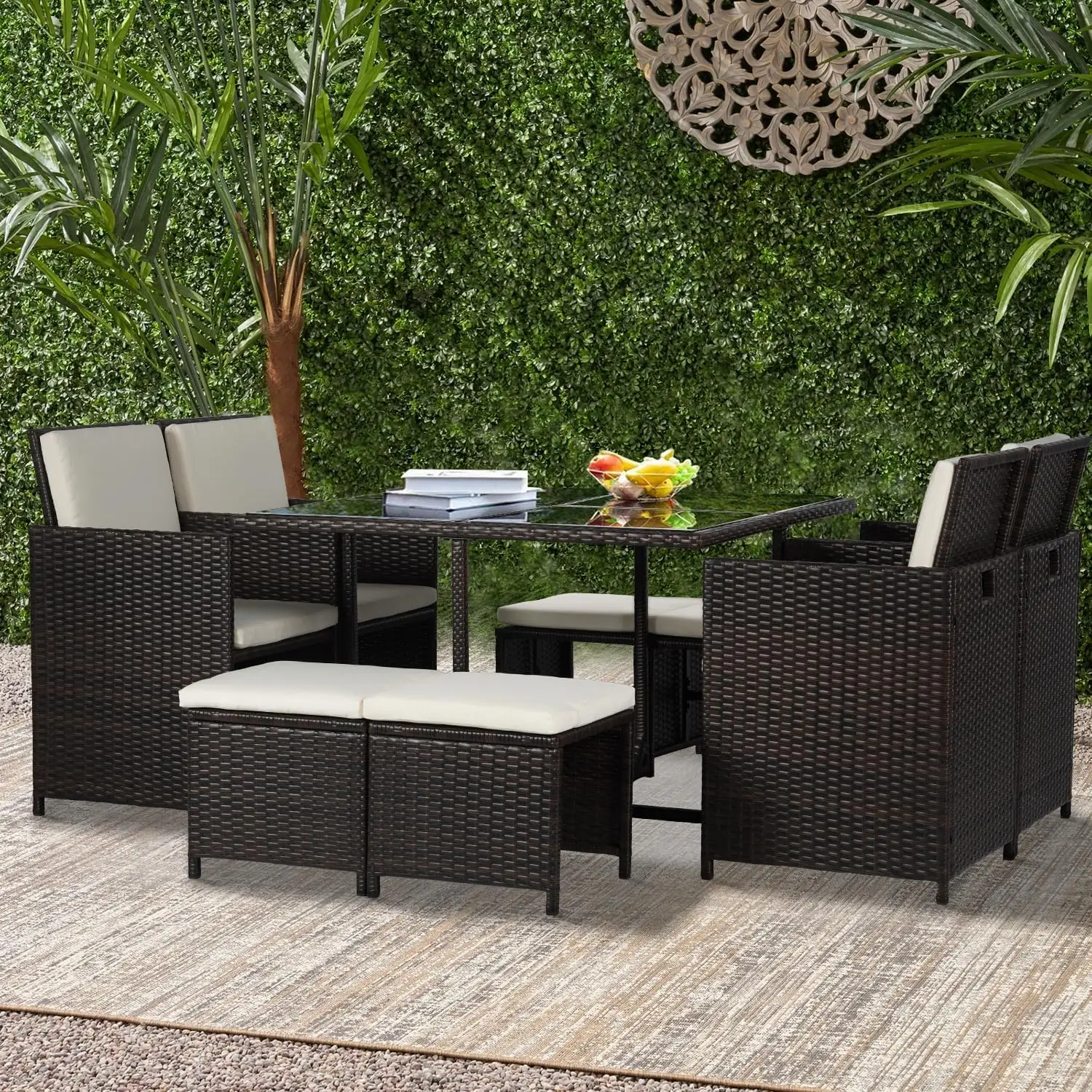 Outdoor Patio Furniture Set 9 Pieces Patio Dining Sets Space Saving Wicker Furniture with 4 Rattan Chairs