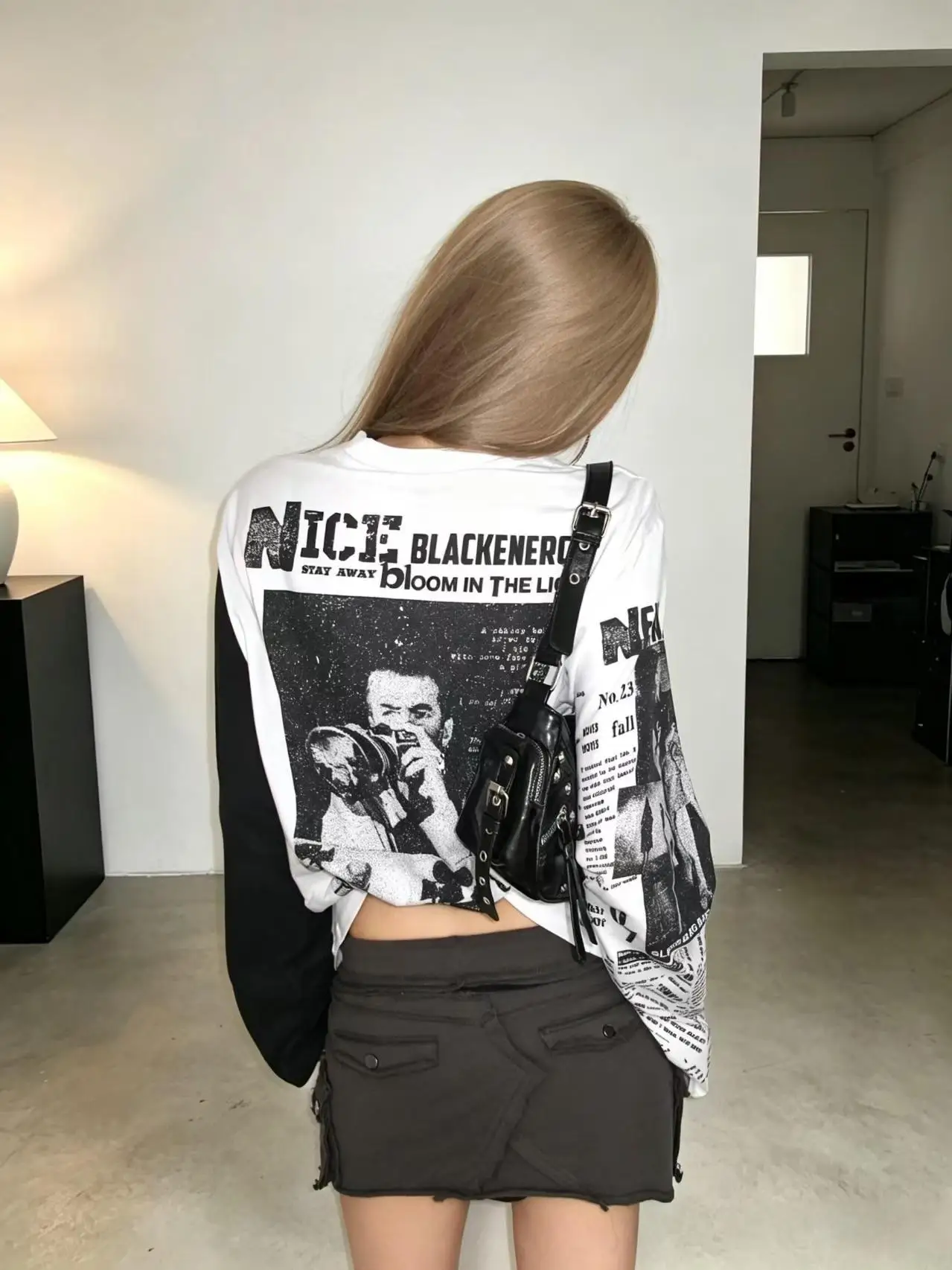 HANYAYA Y2K 2000s Subculture Retro Portrait Raglan Long Sleeve T-Shirt Women Distressed Letter Contrast Color Hot Girl Top