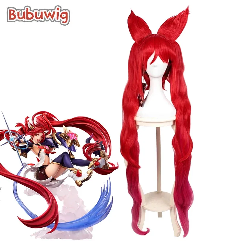 CySynthetic Hair Jinx 코스프레 가발 LOL 스타 가디언 Jinx 100cm 긴 레드 루즈 웨이브 포니테일 가발 (귀 포함) 내열성