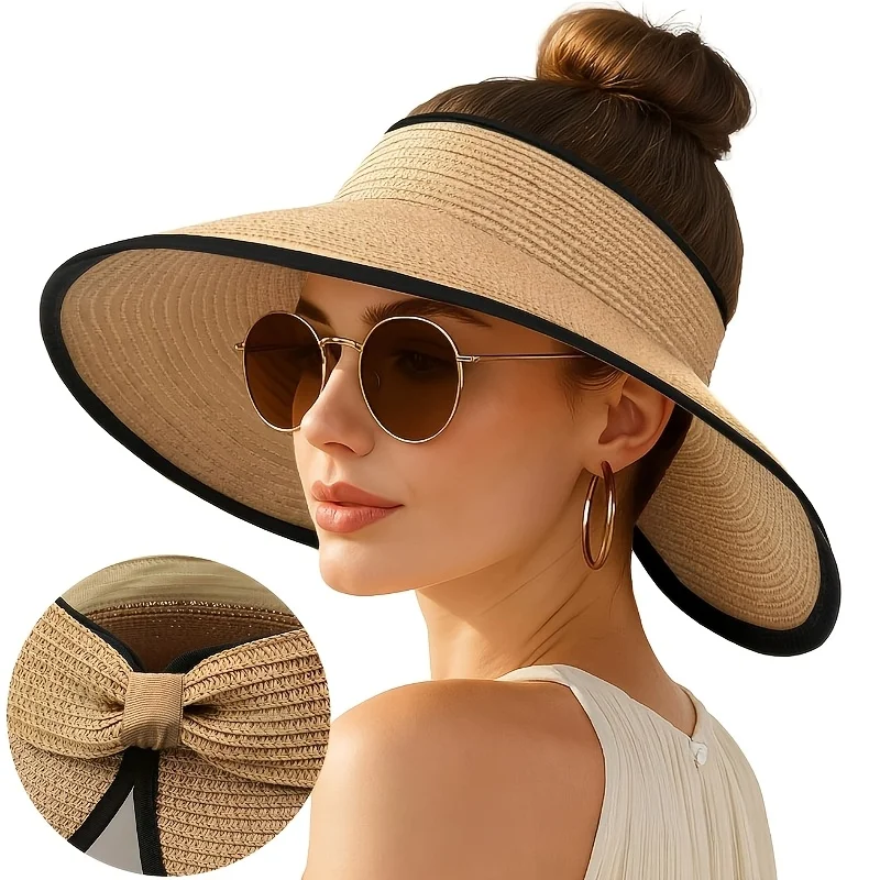 Two-Tone Brim Foldable Straw Hat for Women, Summer Fashion Black-Trimmed Roll-Up Hat, Sun Hat, Beach Vacation Travel Gift
