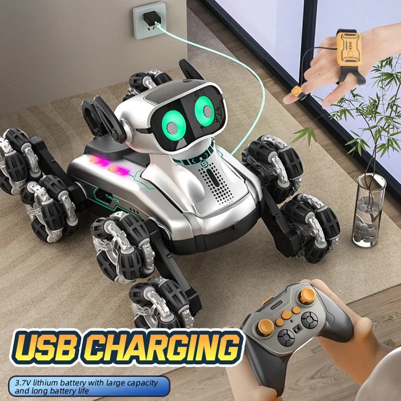 Chien robot cascadeur RC-contrôle gestuel, 8 roues tout-Terrain, animal de compagnie musical LED avec bras oscillants, jouet intelligent pour enfants