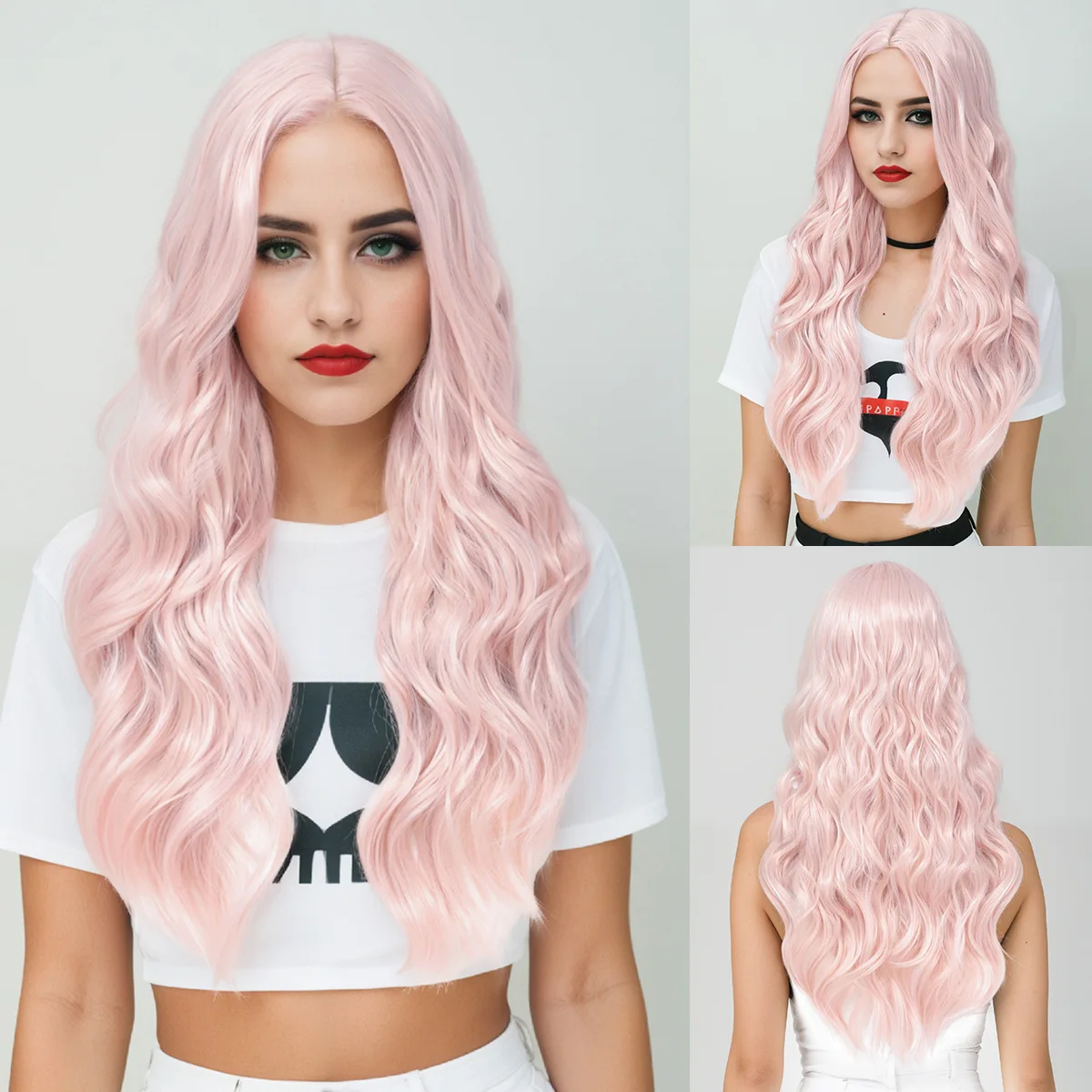 Cross border wig, European and American women's water pink wavy long curly hair, high-temperature silk wig-Synthetic fiber wig
