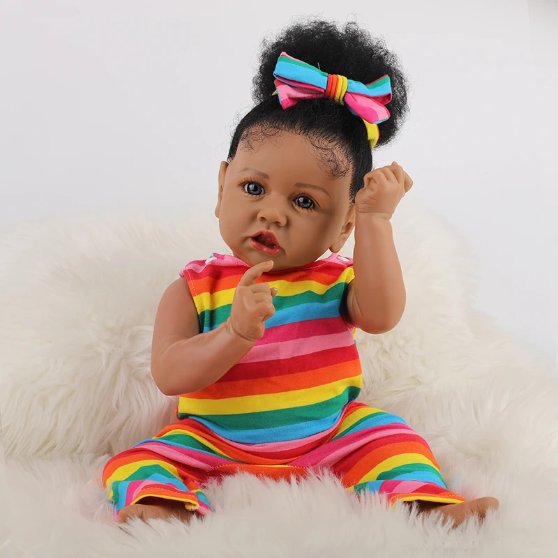 

58CM Two Versions Silicone/Cloth Body Saskia Black Skin Reborn Baby Doll Lifelike 3D Skin African American Baby Hand-rooted Hair