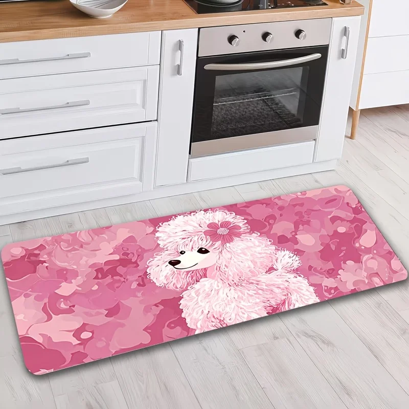 Pink Camouflage Poodle Cute Pet Theme Runner Rug for Laundry Room Soft Dog Lover Print Floor Mat Protection