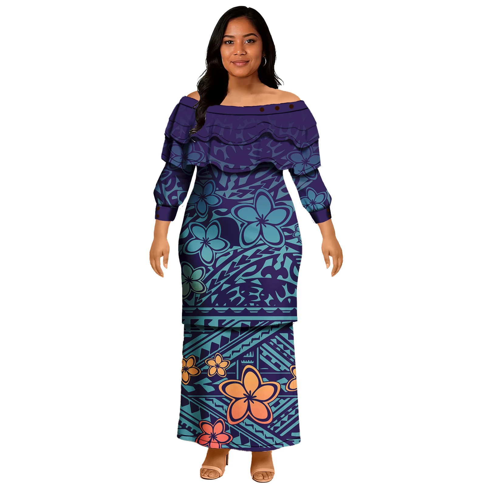 

Evening Party Sexy Elegant Two-Piece Dress Puletasi Polynesian Samoan Tribal Long Sleeve Church Two-piece Set