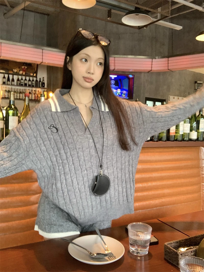 

Off College Sle ey Knitted Sweater Letter Embroidery V-Ne Loose Fit Autumn Warm Long Sve Women's Top