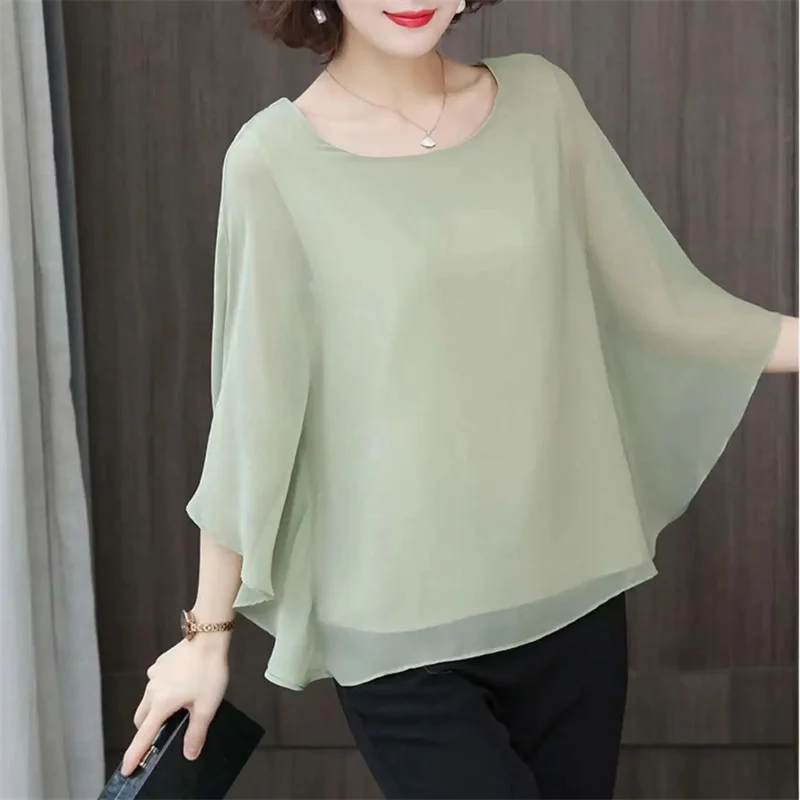 5XL Bat Shirt Summer Women's Loose T-shirt Small Shirt 2024 Spring/Summer Large Wrinkle Resistant And Elegant chiffon Top Green