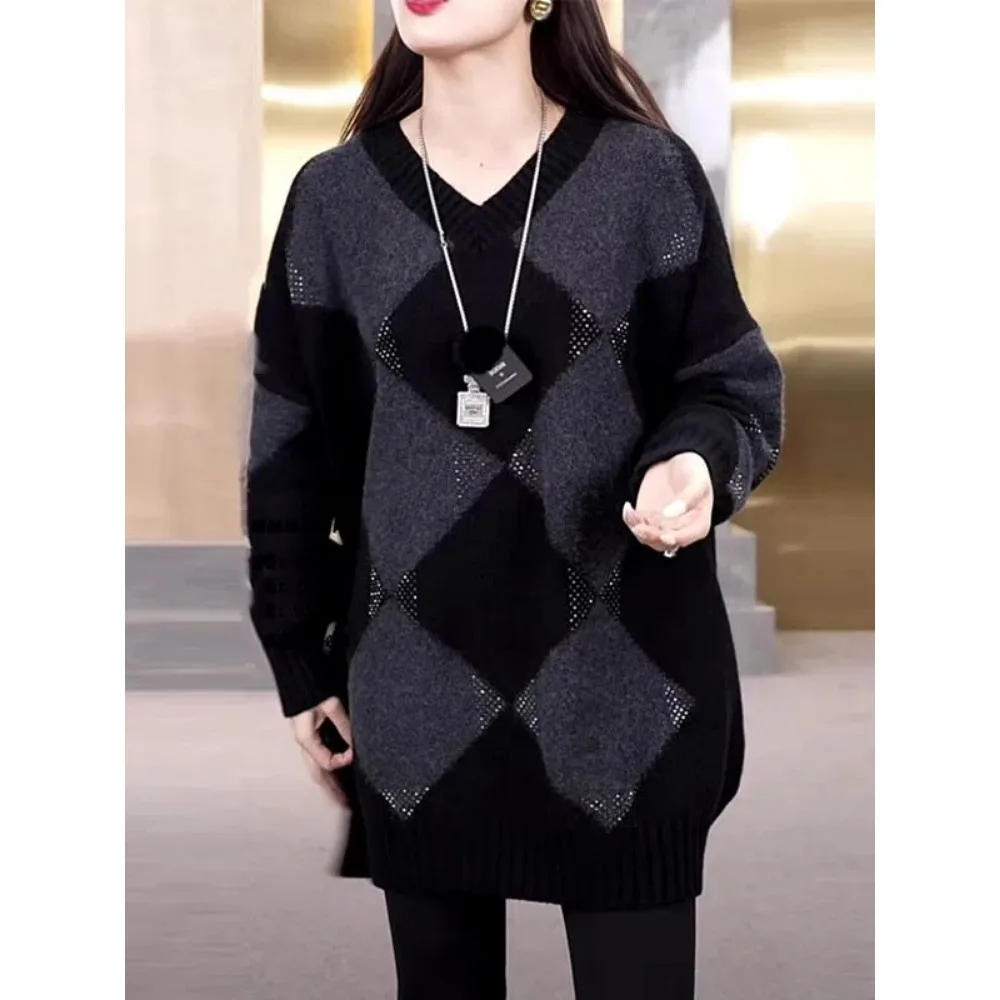 다림질 다이아몬드 탑 세련된 풀오버 니트 스웨터 가을, 겨울 새로운 박쥐 모양의 중간 길이 v 넥 우아한 다목적 탑