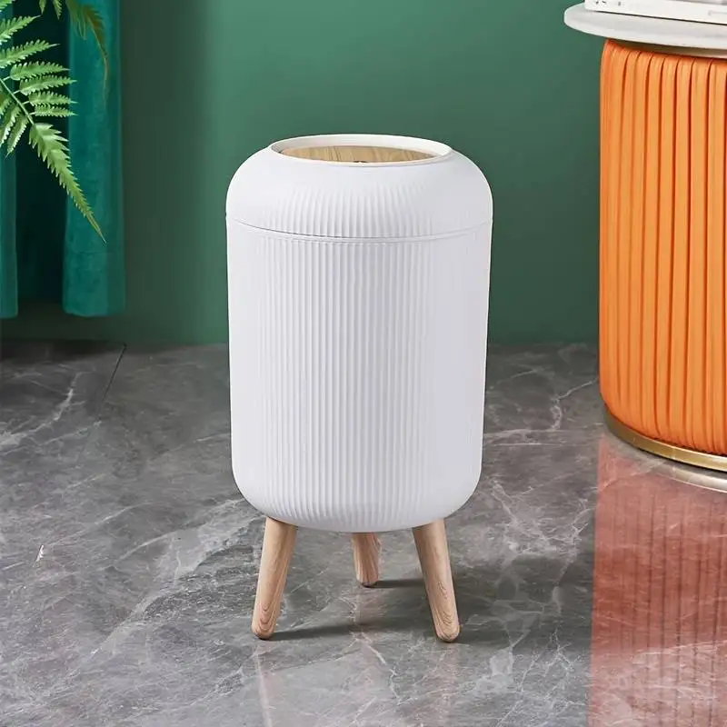 Plastic Trash Can With Wooden Legs, Wood Grain Design, High Foot Waste Bin For Kitchen, Bathroom, Living Room, Office