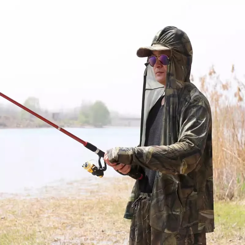Summer Lightweight Thin Men's Sun Protection Fishes Bionic Camouflage Fishing Hoodies Elastic Breathable Polyester Sports Top