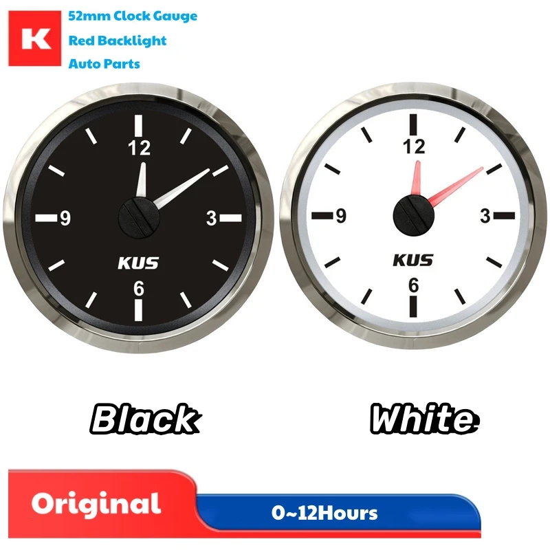 

KUS Cars Boat Clock Gauges White Clock Meters Sus316L Bezel 52mm Hourmeters 0-12H Display Devices with Red Backlight