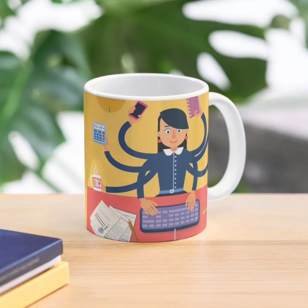 

Business Superwoman Banner. Woman with Many Hands Doing a Lot of Things at work Coffee Mug