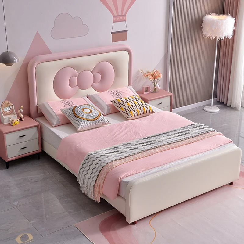 #For Cute Pink Bow Kids Bed Modern Bedroom Furniture Soft Leather Princess Bed Girls High Quality Kids Bed Set