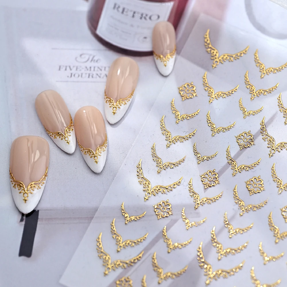 

3D Gold Stamping V-Shaped French Tips Nail Art Stickers Retro Metal French Line Nail Decals Chrome Curved Strip Nail Decoration