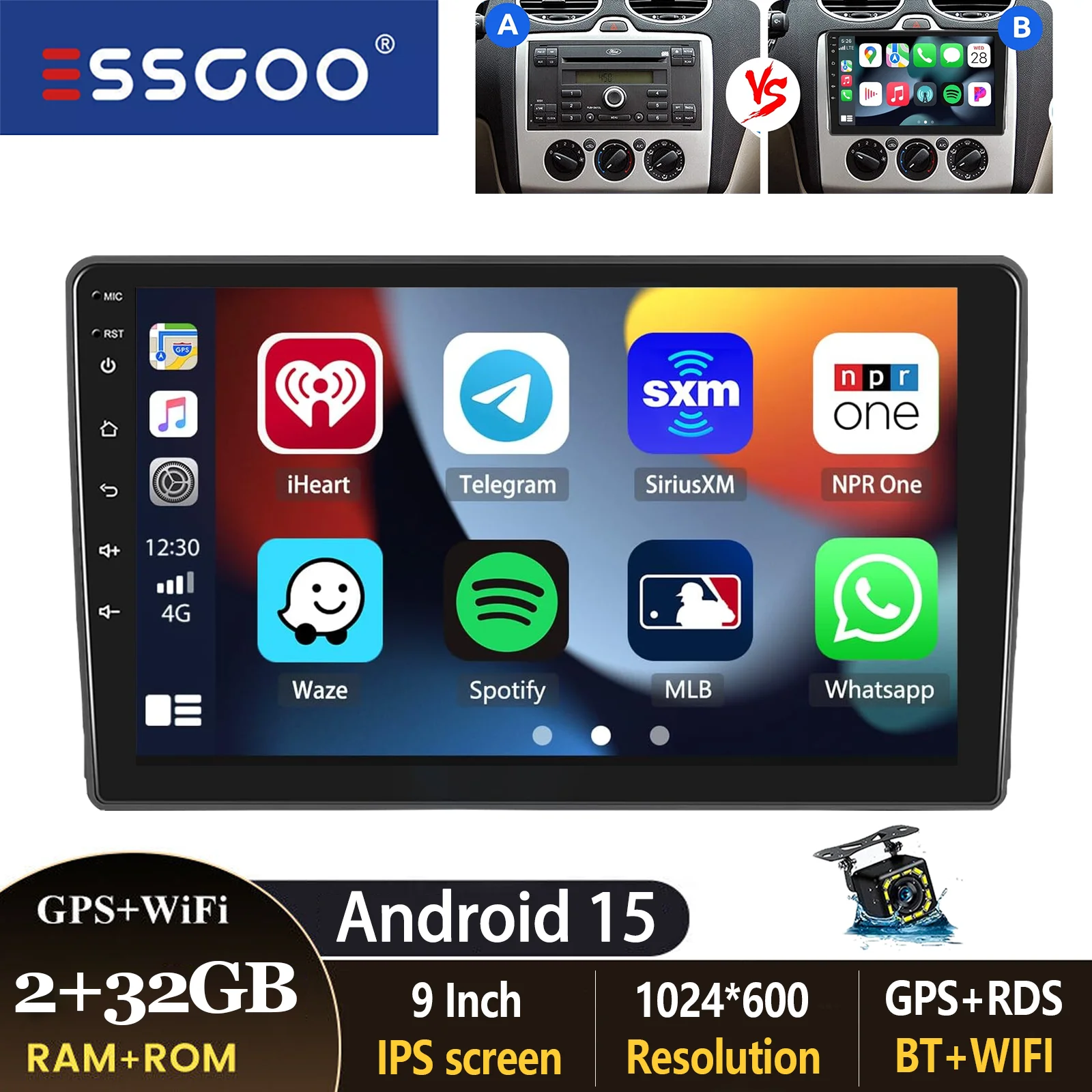 ESSGOO 9 inch autoradio voor Ford Focus MK2 Transit MK7 C-Max S-Max Kuga Galaxy Connect met Carplay, Android Auto, GPS, BT, FM, RDS en SWC