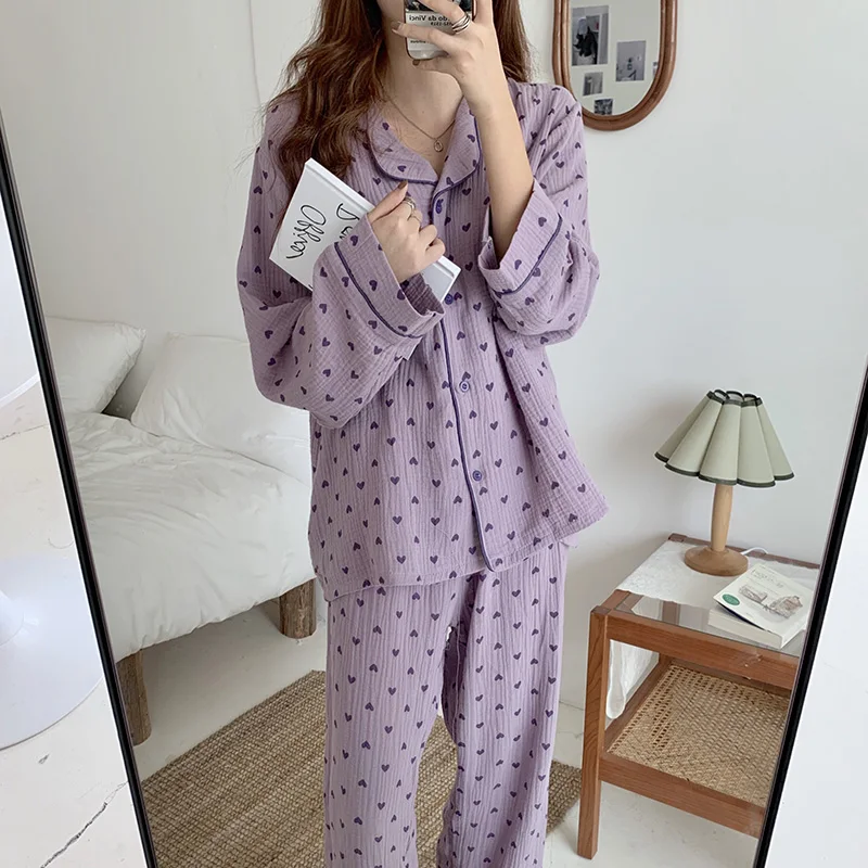 Autumn Pajamas Set 100% Cotton Heart Print Single Breasted Shirts + Trousers Suit Sweet Kawaii Sleepwear Loose Homewear Vintage