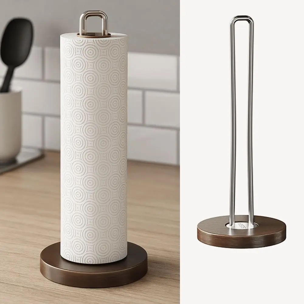 

Stainless Steel Paper Towel Stand Wooden Base One-Handed Tear Wood Paper Towel Holder Durable Sturdy Paper Towel Rack Countertop