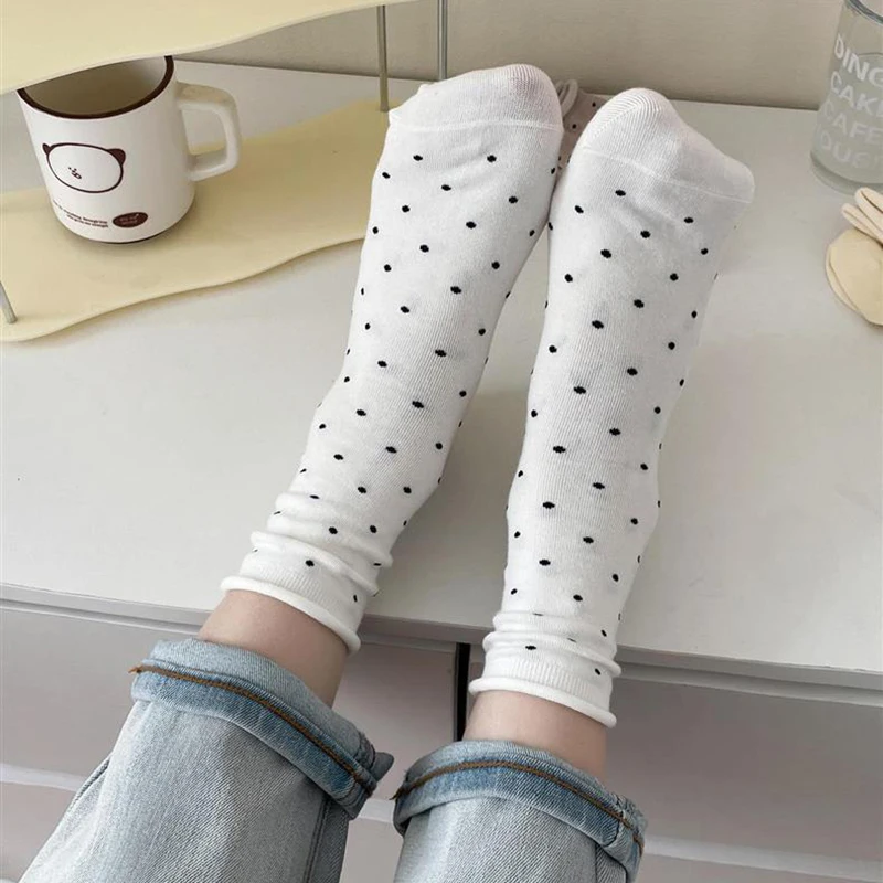 5/10 Pairs Women Rolled Edge Polka Dot Mid Tube Socks Spring Summer Sweat Absorbing Breathable Sweet Simple Style Casual Socks image 4
