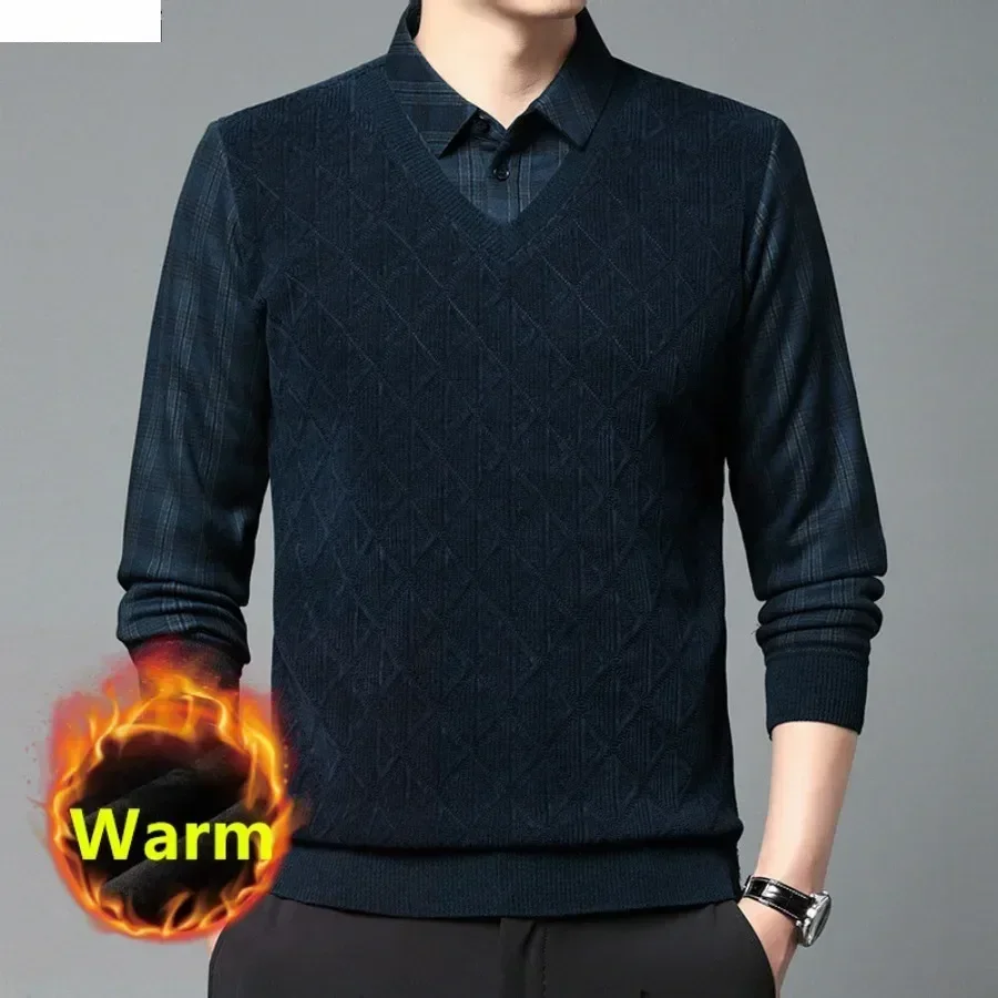 

New Men's Fake Two Piece Sweaters Trendy Business Casual Plus Velvet Thicker Warm Knit Pullover Man Jacquard Bottoming Tops