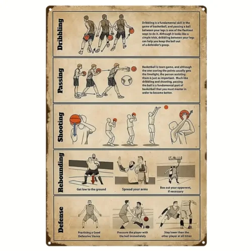 Vintage/Retro Style Tin Sign, Metal Poster Plaque Basketball Moves 8x12 Inch