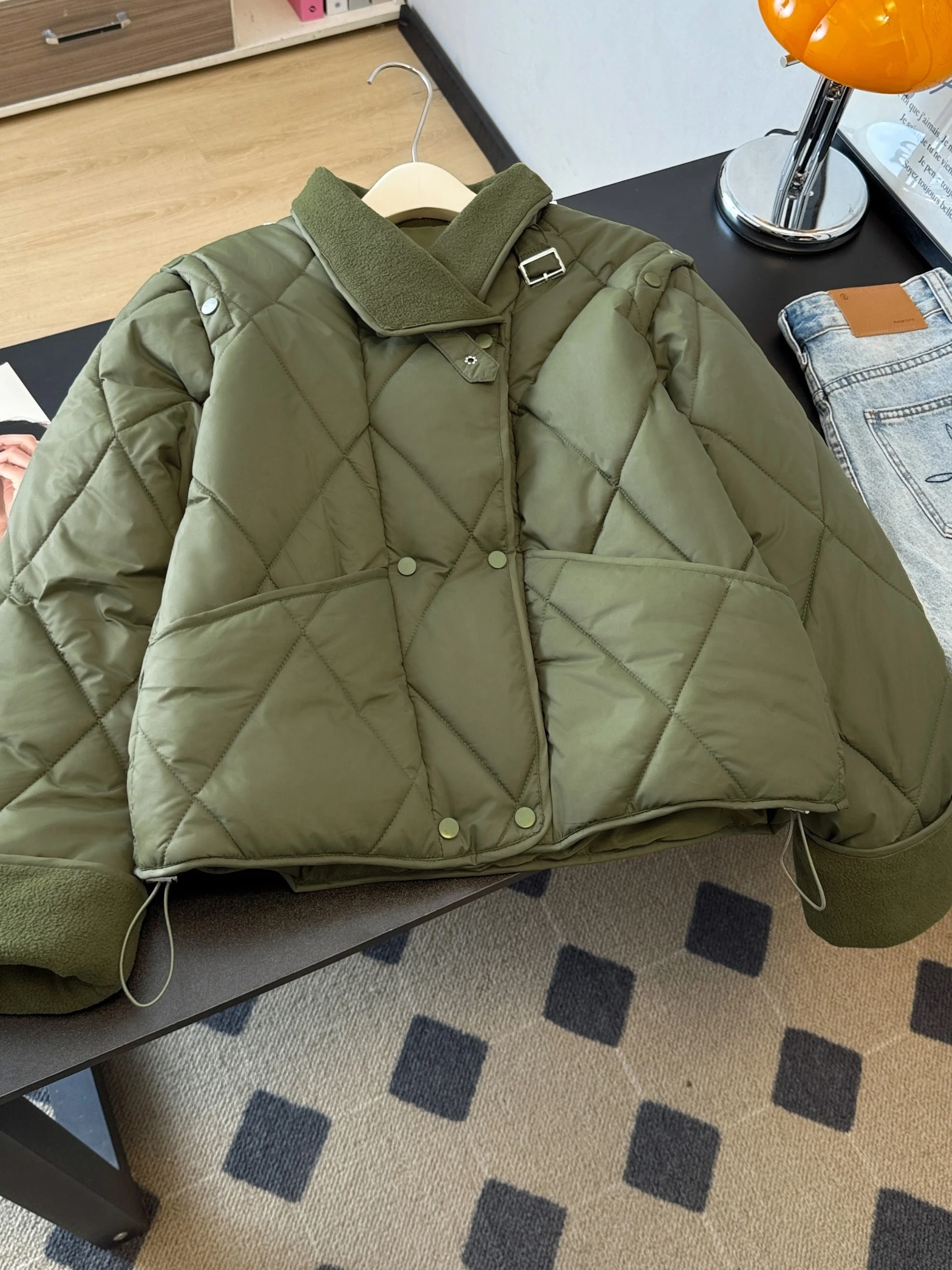 Women's Quilted Cotton Jacket with Drawstring Thickened Collar Diamond Patterned Winter Coat Large Size Short Bread Style Top
