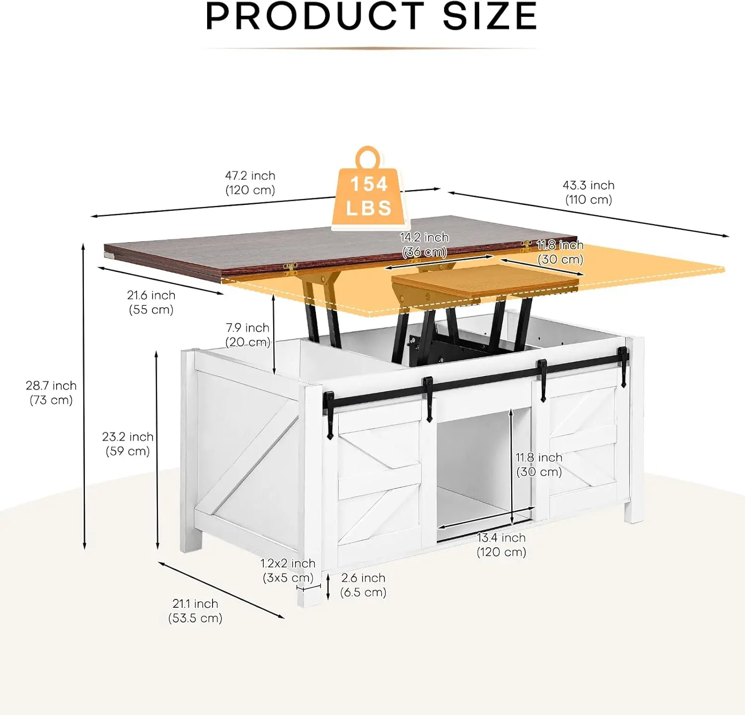 Boerderij salontafel met hefblad, 3-in-1 multifunctionele converteerbare salontafel met opbergruimte en verborgen compartiment, salontafel