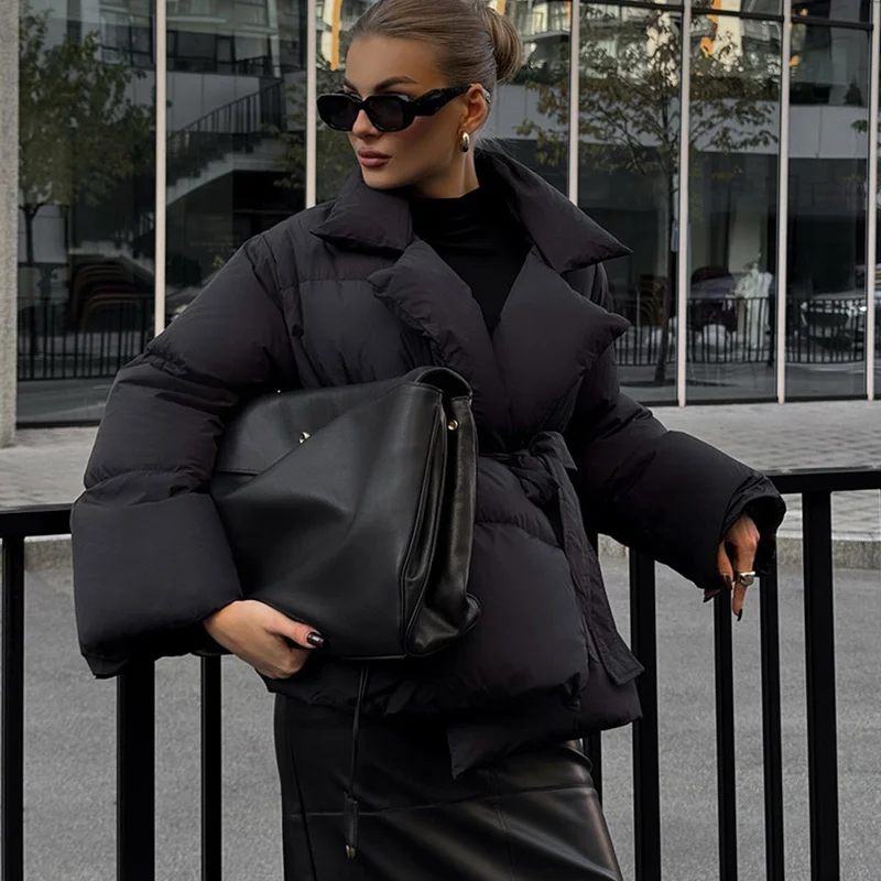 Giacche in cotone da donna eleganti con lacci solidi Colletto rovesciato sottile Cappotti a maniche lunghe Donna alla moda Tenere al caldo Streetwear Nuovo