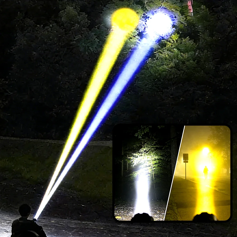 Ultra Powerful LED Flashlights High Power Rechargeable Tactical Torch Long Range White+Yellow Super Bright Lamp Fishing Camping