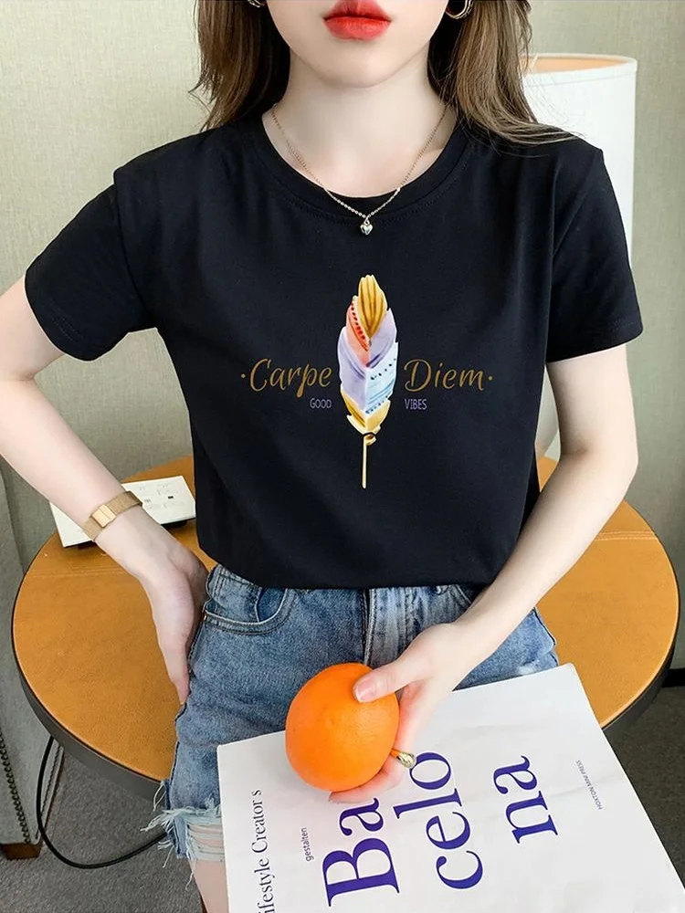 TuangBiang Summer 2023 New Gradient Feather Letter Printing Apricot Cotton T-Shirt Casual Short Sleeve Lady Tshirt Feminine Tops
