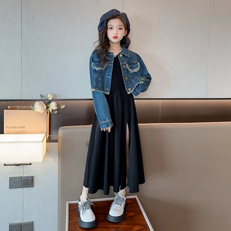 

Child Girls Clothes Set Junior Girl Denim Jacket+Long Sleeve Split Dress 2pcs 4-14 kids suit childer outfits conjuntos de falda