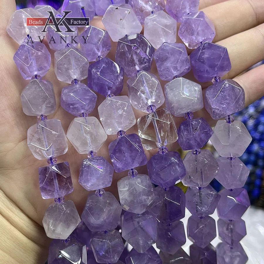 Natural Crystal Amethyst Handmade Faceted Irregular Cube Loose Beads Stone For DIY Jewelry Making Bracelet Necklace 15“ 12-13mm