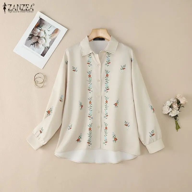 Herfst Dames Casual Bloemenprint Witte Shirts Lange Mouw Hoog-Laag Button Up Turkse Boheemse Losse Tops ZANZEA Vrouw Kleding