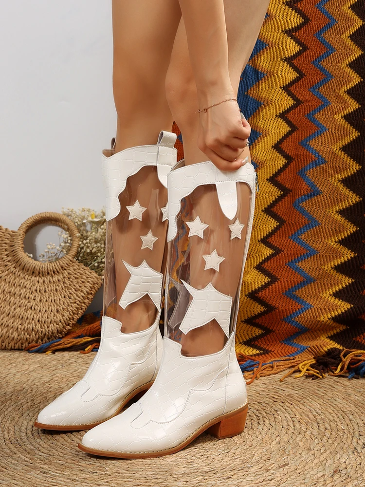 PVC Transparent Knee High Knight Boots Woman Chic Point Toe Star Patch Western Botas Ladies Luxury Brand Design Unicorn Shoes