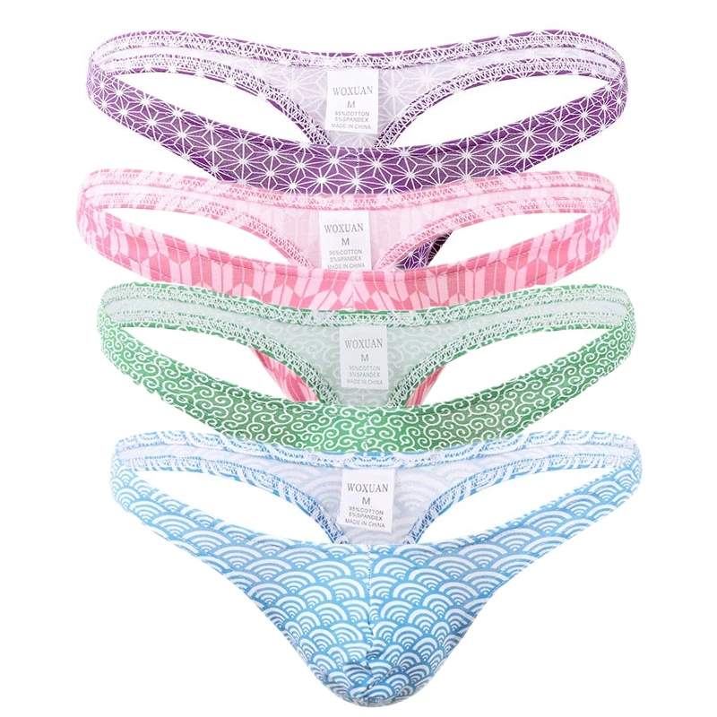 

4PCS Mens Thong Cotton Underwear Low Waist Thongs Breathable Prited Sexy Men's Underpants Jockstrap Mens Lingerie